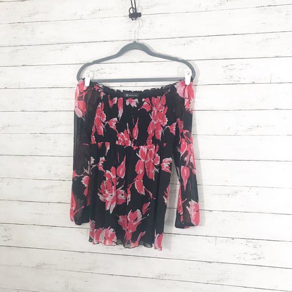 INC Black & Pink Floral Off The Shoulder Blouse - Picture 2 of 7